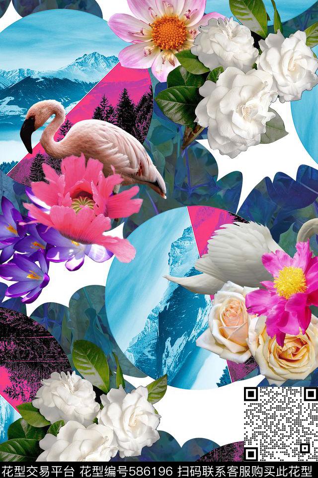 花卉抽象拼接数码印花华亿平台下载（图片编号: 586196） - 瓦栏（Walan）