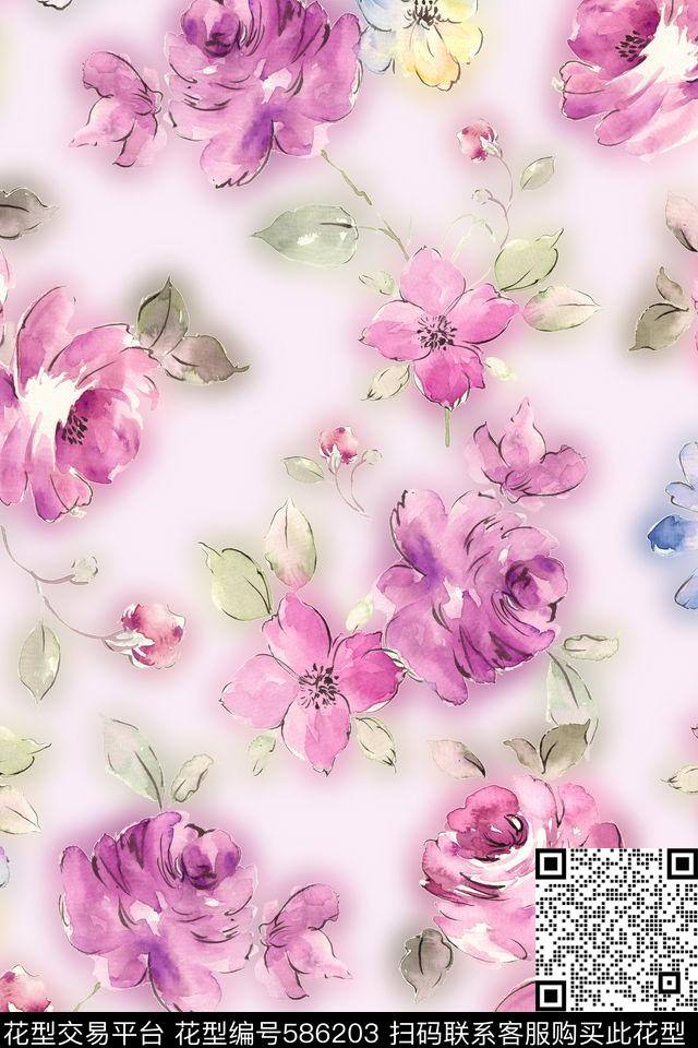 手绘浪漫花卉复古数码印花华亿平台下载（图片编号: 586203） - 瓦栏（Walan）