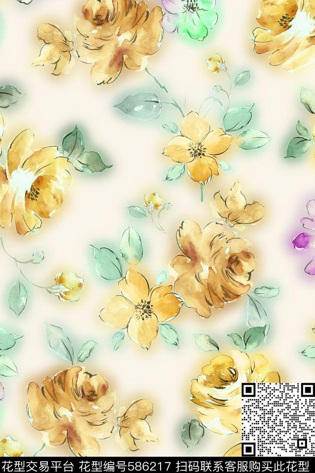 手绘浪漫花卉复古数码印花华亿平台下载（图片编号: 586217） - 瓦栏（Walan）