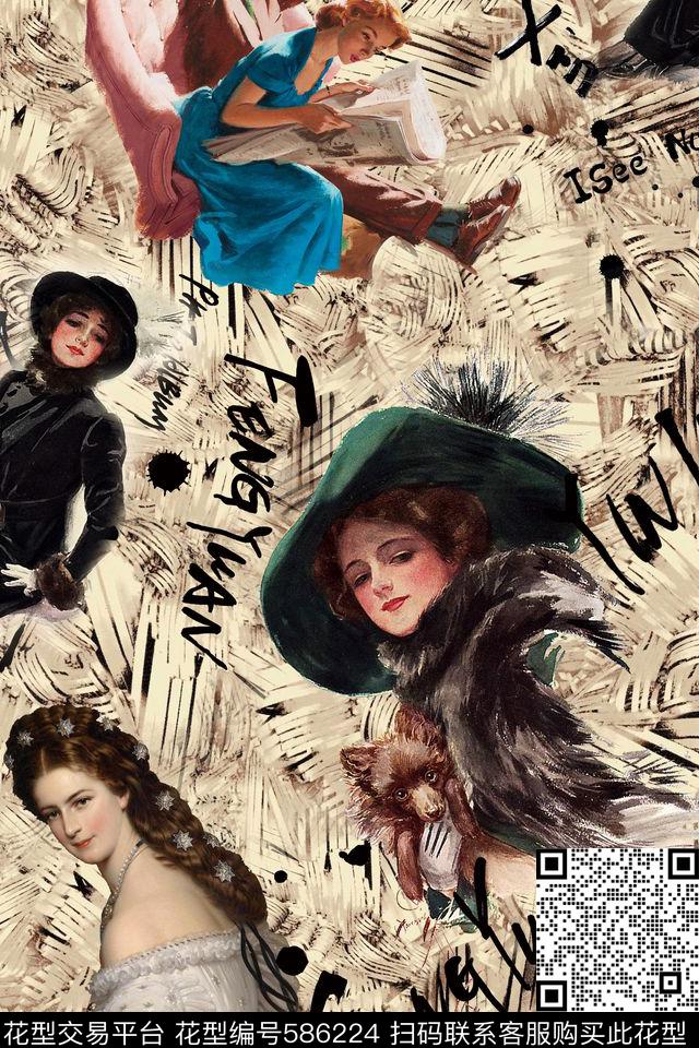 复古欧式宫廷人物几何字母数码印花华亿平台下载（图片编号: 586224） - 瓦栏（Walan）