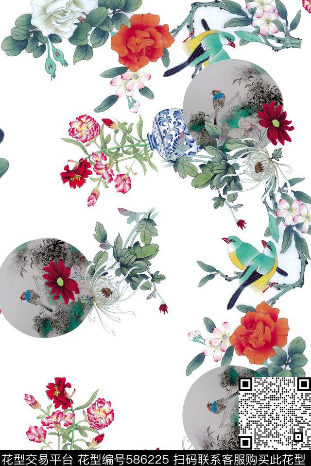 中国风工笔花卉花瓶扇面数码印花华亿平台下载（图片编号: 586225） - 瓦栏（Walan）