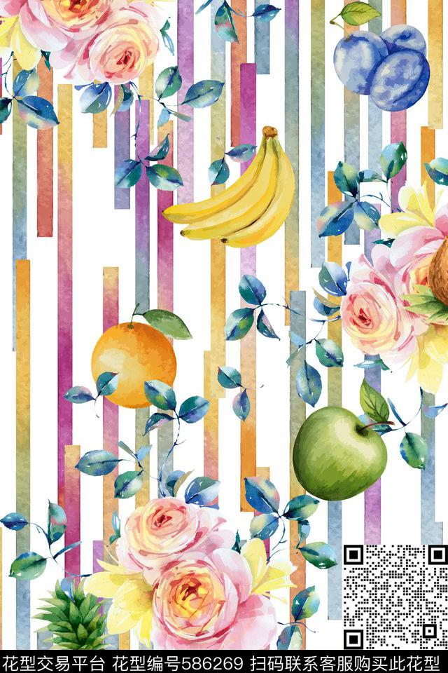 花卉水果竖条数码印花华亿平台下载（图片编号: 586269） - 瓦栏（Walan）
