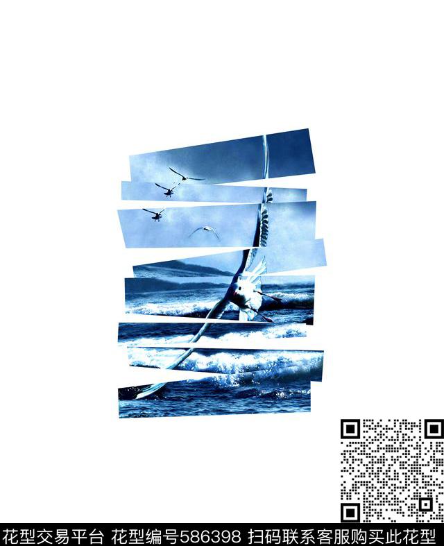时尚休闲男装T恤印花几何组合拼接海洋海鸥数码印花华亿平台下载（图片编号: 586398） - 瓦栏（Walan）