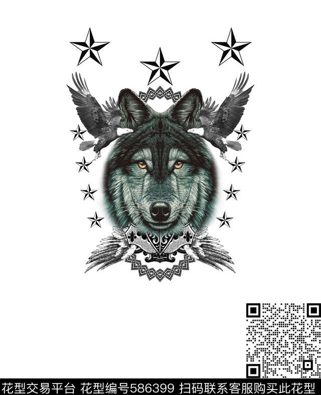 大牌潮流时尚狼鹰动物几何组合欧式边框数码印花华亿平台下载（图片编号: 586399） - 瓦栏（Walan）