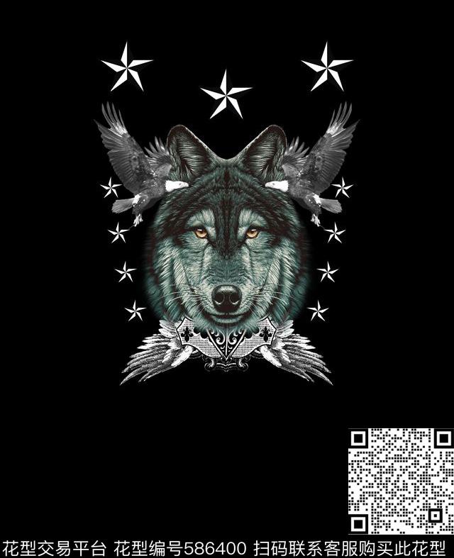 大牌潮流时尚狼鹰动物几何组合欧式边框数码印花华亿平台下载（图片编号: 586400） - 瓦栏（Walan）