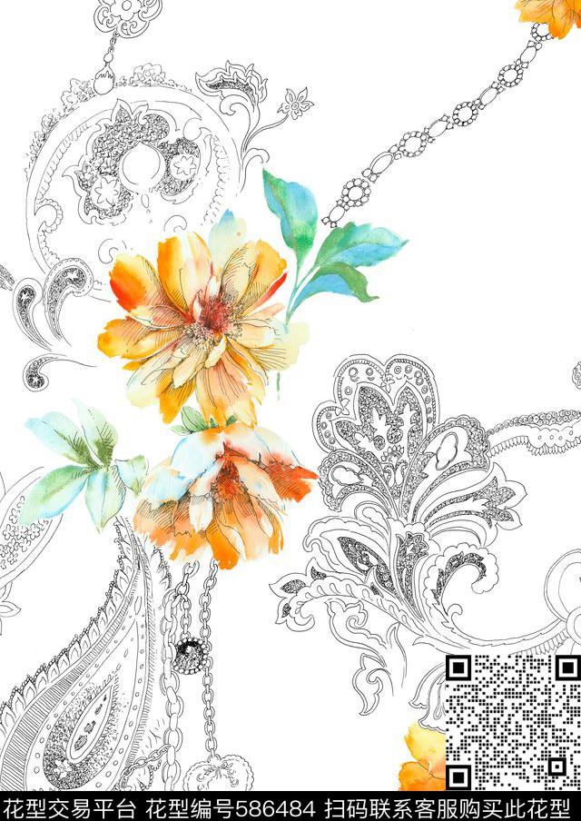 高清花卉手绘花卉花卉数码印花华亿平台下载（图片编号: 586484） - 瓦栏（Walan）