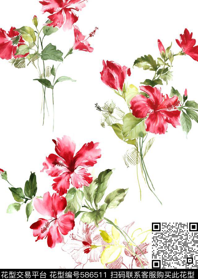 高清花卉花卉水彩数码印花华亿平台下载（图片编号: 586511） - 瓦栏（Walan）