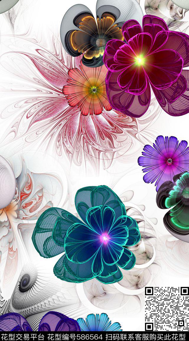 炫彩抽象花卉数码印花华亿平台下载（图片编号: 586564） - 瓦栏（Walan）