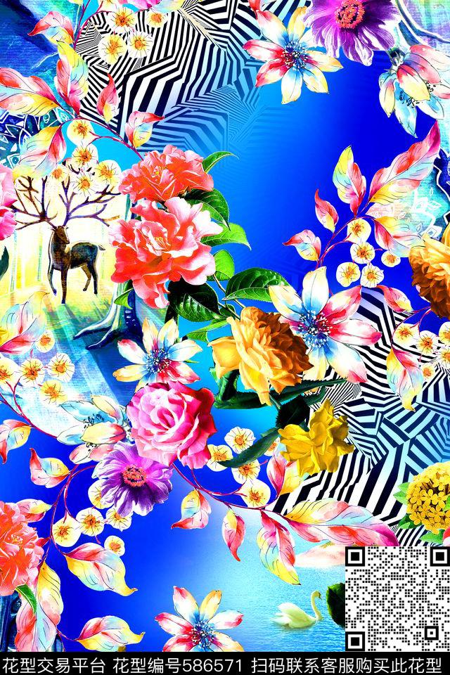 时尚几何拼接风景数码印花华亿平台下载（图片编号: 586571） - 瓦栏（Walan）