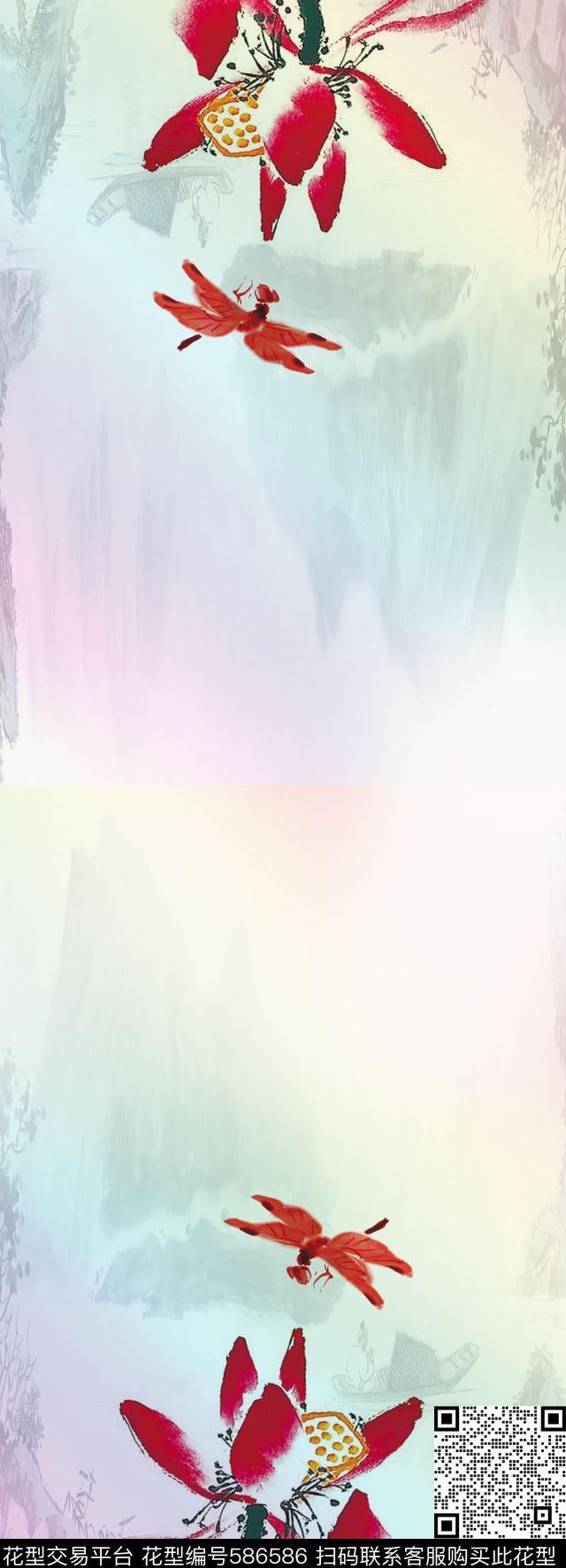 国画荷花长巾数码印花华亿平台下载（图片编号: 586586） - 瓦栏（Walan）