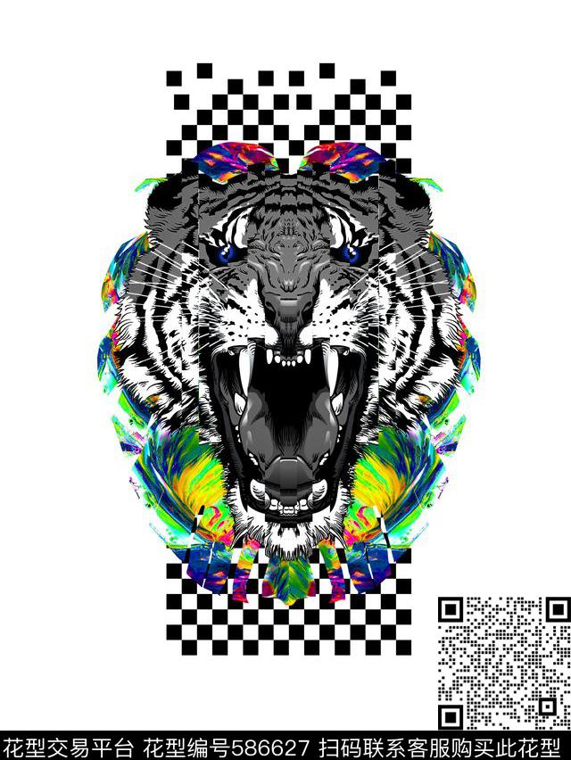 老虎头油画方格数码印花华亿平台下载（图片编号: 586627） - 瓦栏（Walan）