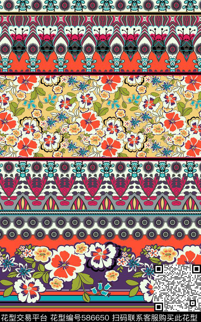 条纹几何花卉民族风传统印花华亿平台下载（图片编号: 586650） - 瓦栏（Walan）