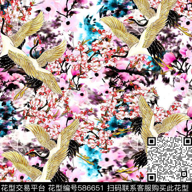 中国风花鸟图案鹤数码印花华亿平台下载（图片编号: 586651） - 瓦栏（Walan）