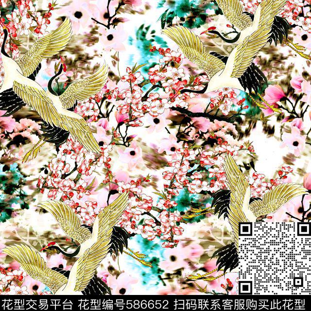 中国风花鸟图案鹤数码印花华亿平台下载（图片编号: 586652） - 瓦栏（Walan）