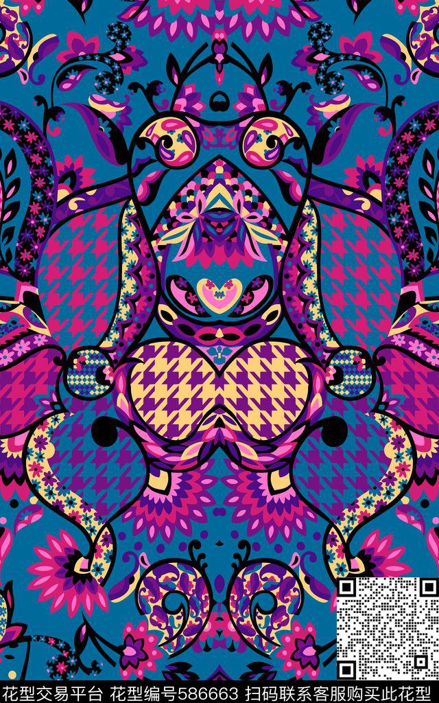 几何千鸟格民族风传统印花华亿平台下载（图片编号: 586663） - 瓦栏（Walan）