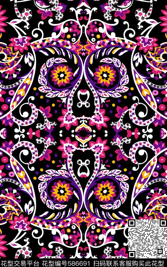 佩斯利民族风情.0分色区对称花卉传统印花华亿平台下载（图片编号: 586691） - 瓦栏（Walan）