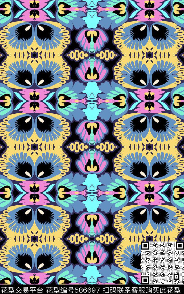 民族风0分色区对称花卉传统印花华亿平台下载（图片编号: 586697） - 瓦栏（Walan）