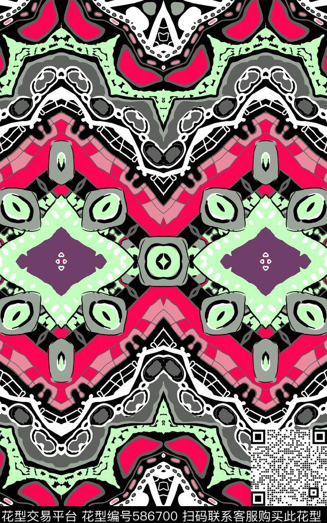 民族风0分色区对称花卉传统印花华亿平台下载（图片编号: 586700） - 瓦栏（Walan）