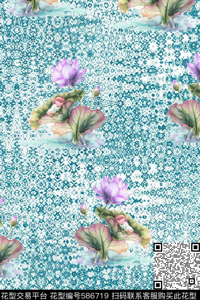 花朵花卉荷花数码印花华亿平台下载（图片编号: 586719） - 瓦栏（Walan）