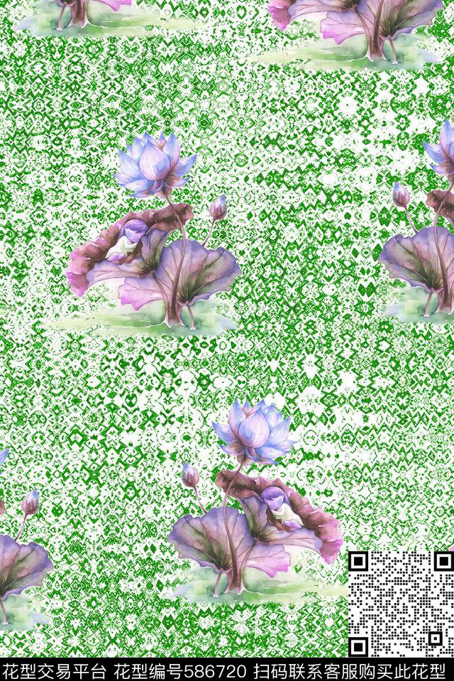 花朵花卉荷花数码印花华亿平台下载（图片编号: 586720） - 瓦栏（Walan）