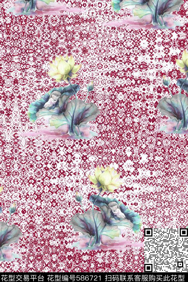 花朵花卉荷花数码印花华亿平台下载（图片编号: 586721） - 瓦栏（Walan）