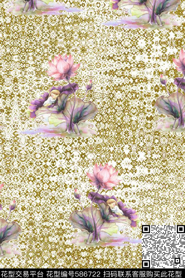 花朵花卉荷花数码印花华亿平台下载（图片编号: 586722） - 瓦栏（Walan）