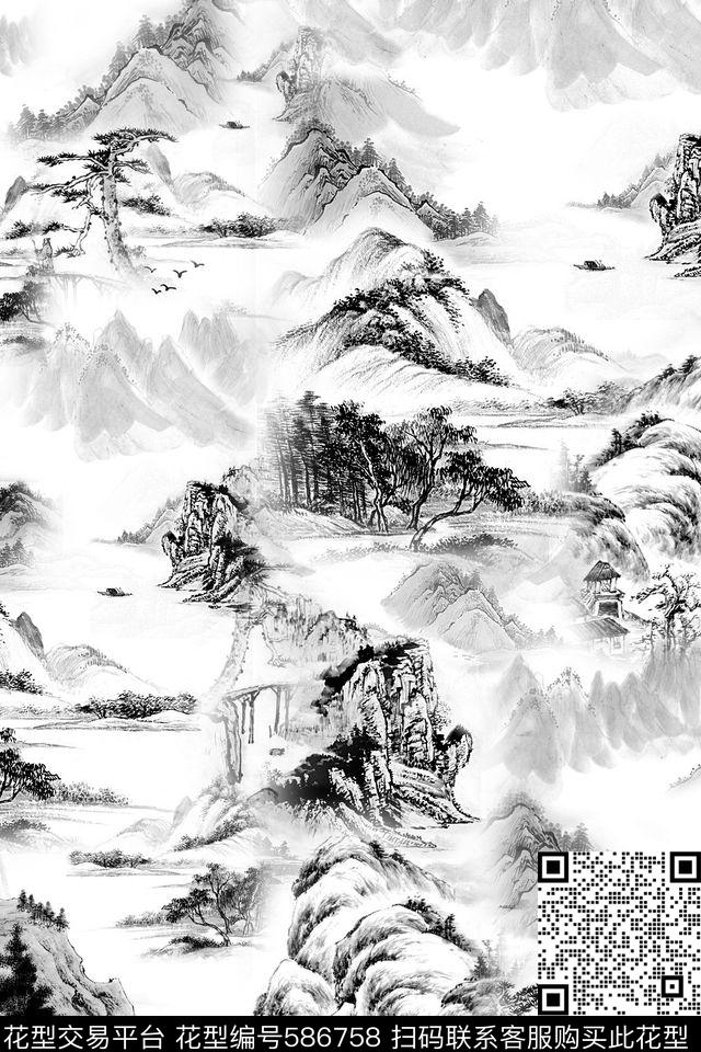 中国风国画山水树木衬衫数码印花华亿平台下载（图片编号: 586758） - 瓦栏（Walan）