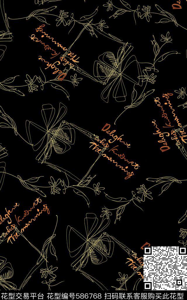 线描花朵英文抽象传统印花华亿平台下载（图片编号: 586768） - 瓦栏（Walan）