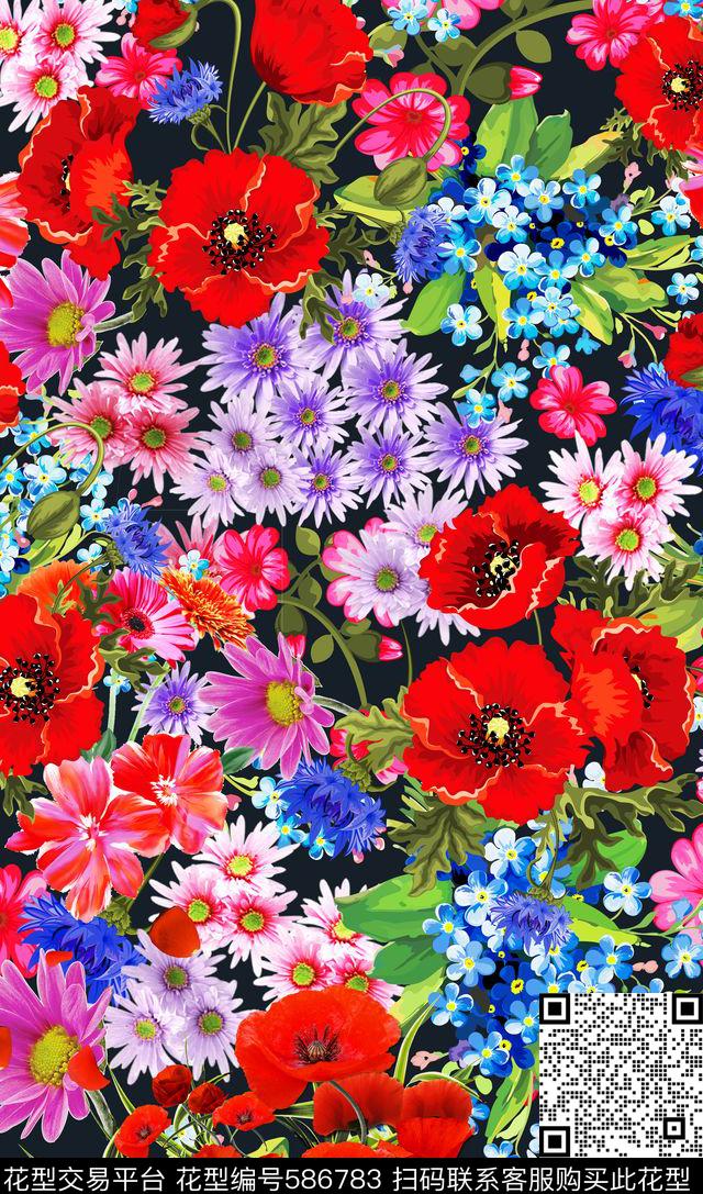 手绘罂粟花雏菊数码印花华亿平台下载（图片编号: 586783） - 瓦栏（Walan）