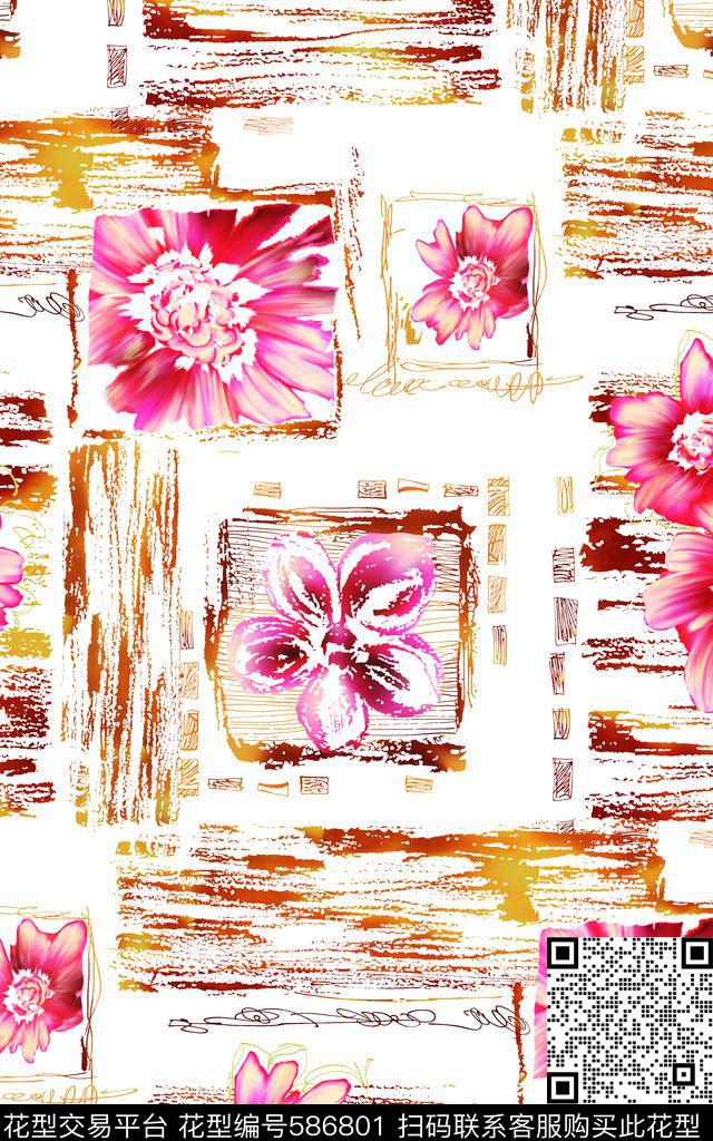 花朵破碎抽象数码印花华亿平台下载（图片编号: 586801） - 瓦栏（Walan）