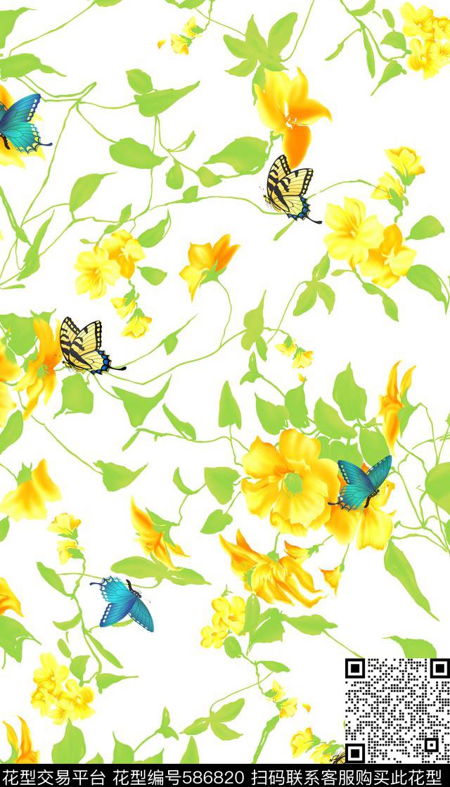 明亮花卉蝴蝶数码印花华亿平台下载（图片编号: 586820） - 瓦栏（Walan）