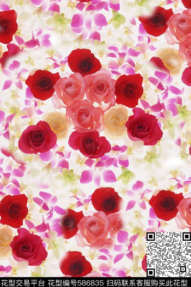 浪漫美好玫瑰花四方连续数码印花华亿平台下载（图片编号: 586835） - 瓦栏（Walan）