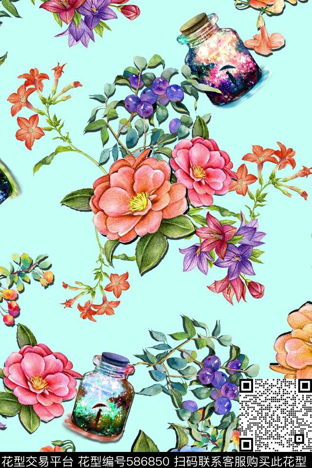 清新水彩花卉数码印花华亿平台下载（图片编号: 586850） - 瓦栏（Walan）