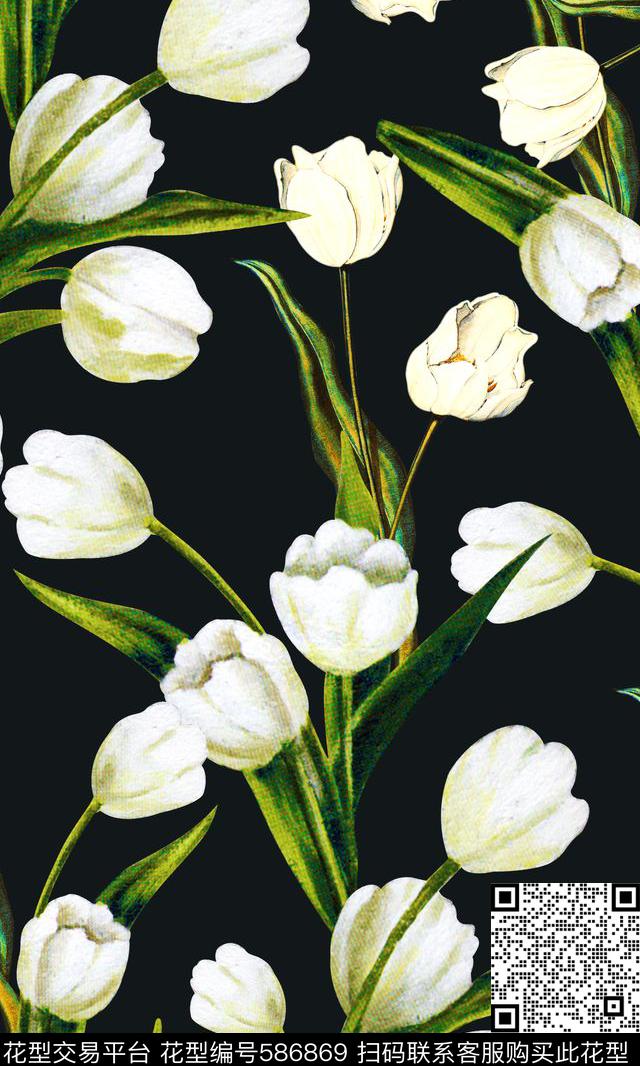 手绘时装周白色郁金香T台杜嘉班纳D&G连衣裙礼服衬衫裤子I【花卉】数码印花华亿平台下载（图片编号: 586869） - 瓦栏（Walan）