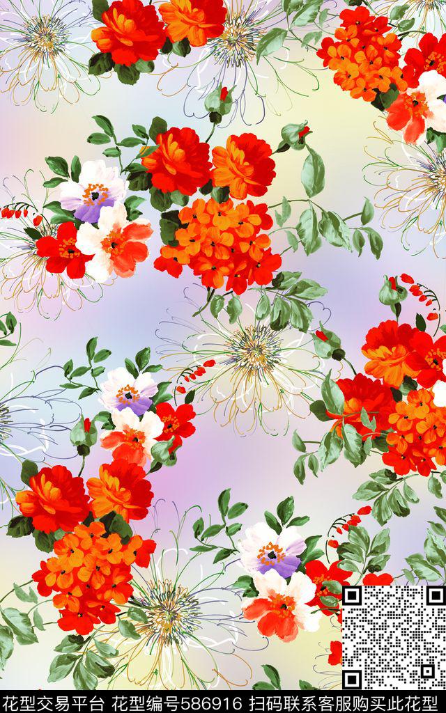 时尚花朵线描数码印花华亿平台下载（图片编号: 586916） - 瓦栏（Walan）