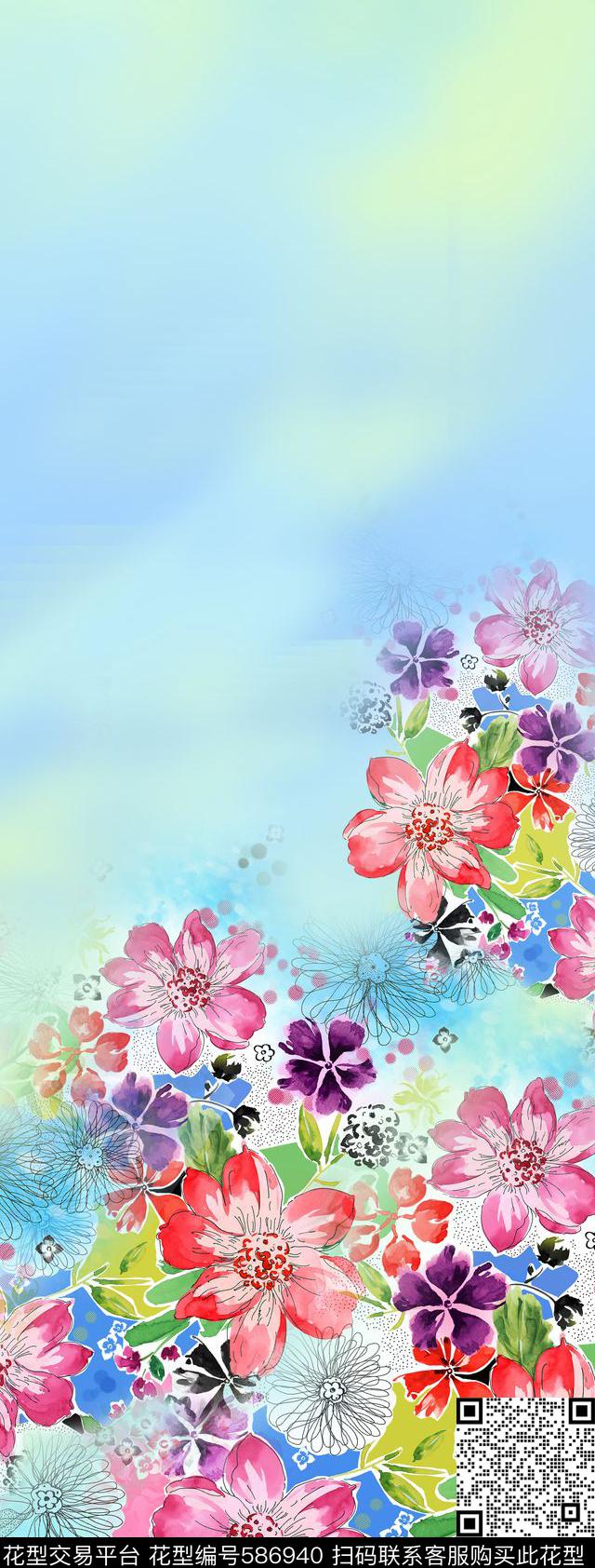 花卉定位手绘数码印花华亿平台下载（图片编号: 586940） - 瓦栏（Walan）
