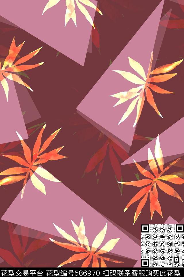 花卉几何手绘植物叶子数码印花华亿平台下载（图片编号: 586970） - 瓦栏（Walan）