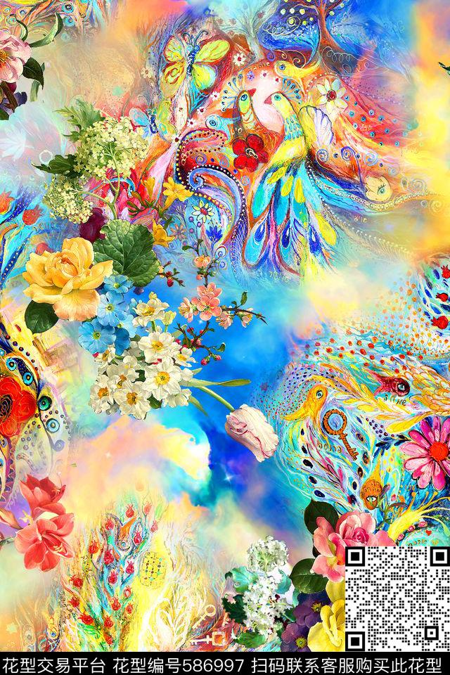 时尚油画孔雀花卉数码印花华亿平台下载（图片编号: 586997） - 瓦栏（Walan）