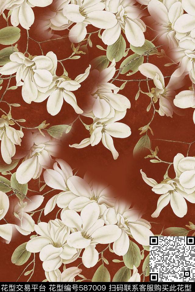 中国风大气手绘花朵高贵大气数码印花华亿平台下载（图片编号: 587009） - 瓦栏（Walan）