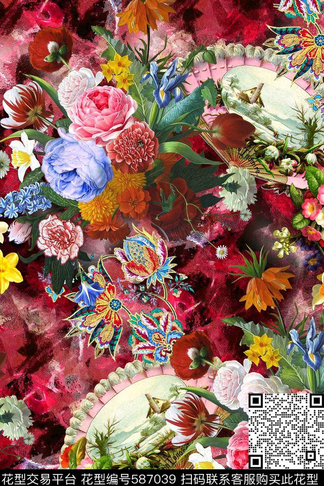 时尚炫彩花卉数码印花华亿平台下载（图片编号: 587039） - 瓦栏（Walan）