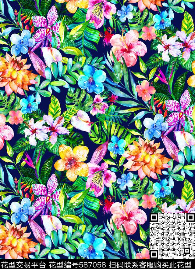 热带风格植物花卉数码印花华亿平台下载（图片编号: 587058） - 瓦栏（Walan）