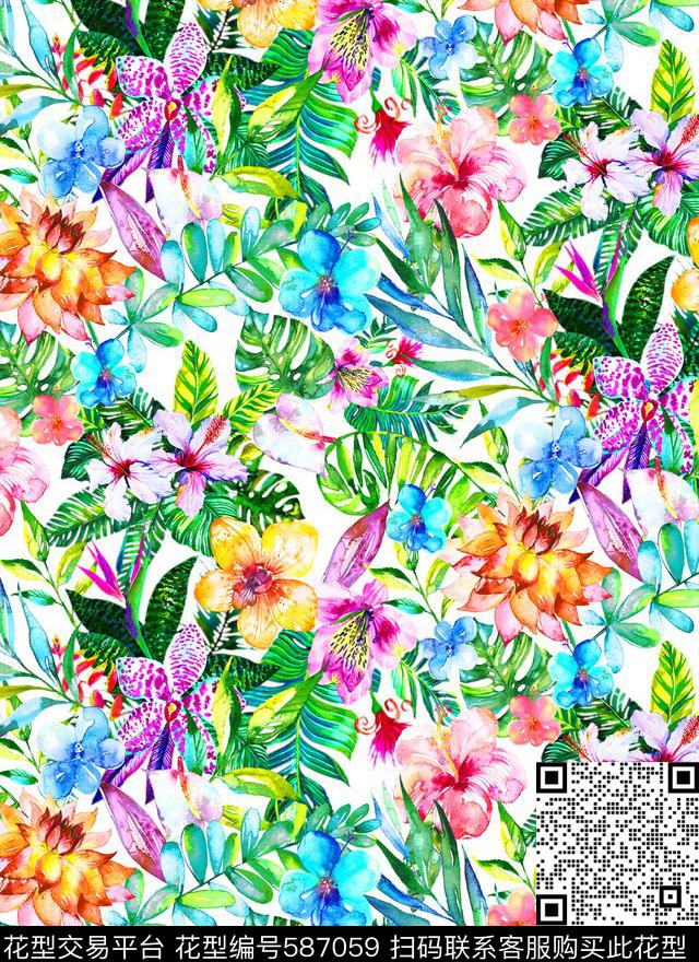 热带风格植物花卉数码印花华亿平台下载（图片编号: 587059） - 瓦栏（Walan）