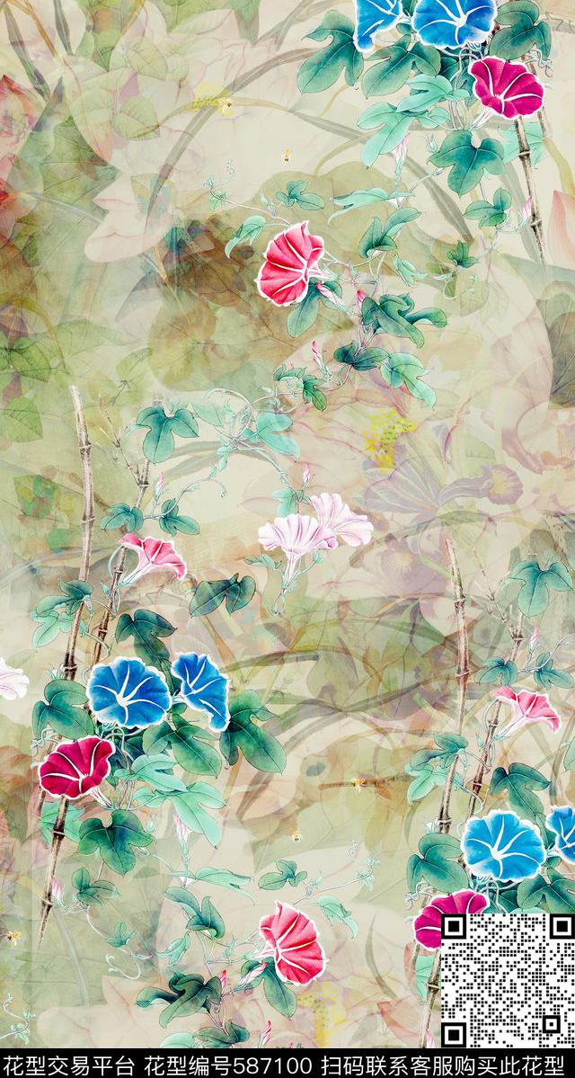 中国风工笔花卉荷花数码印花华亿平台下载（图片编号: 587100） - 瓦栏（Walan）