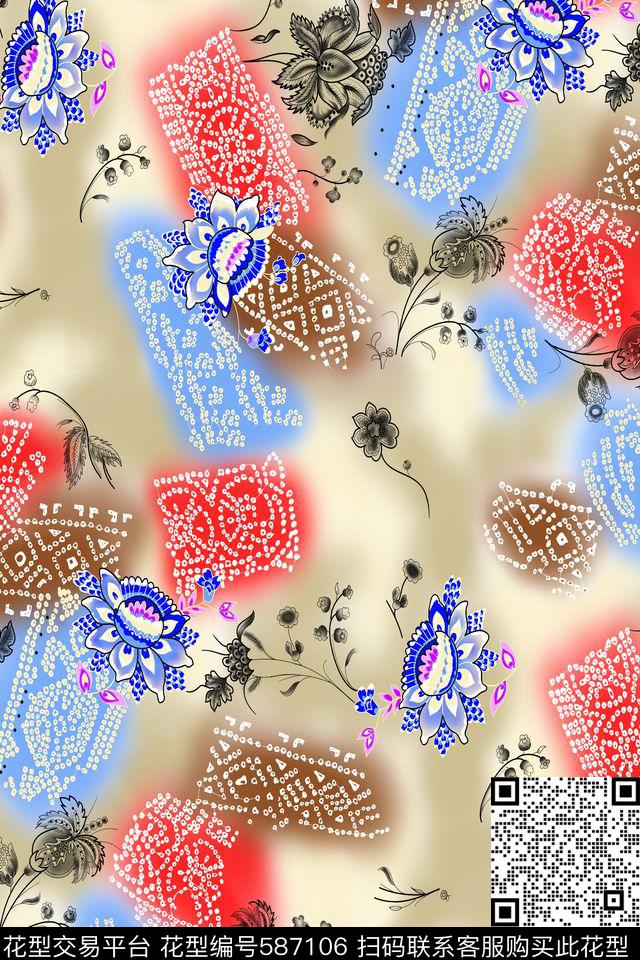 花卉分色手绘印花传统印花华亿平台下载（图片编号: 587106） - 瓦栏（Walan）