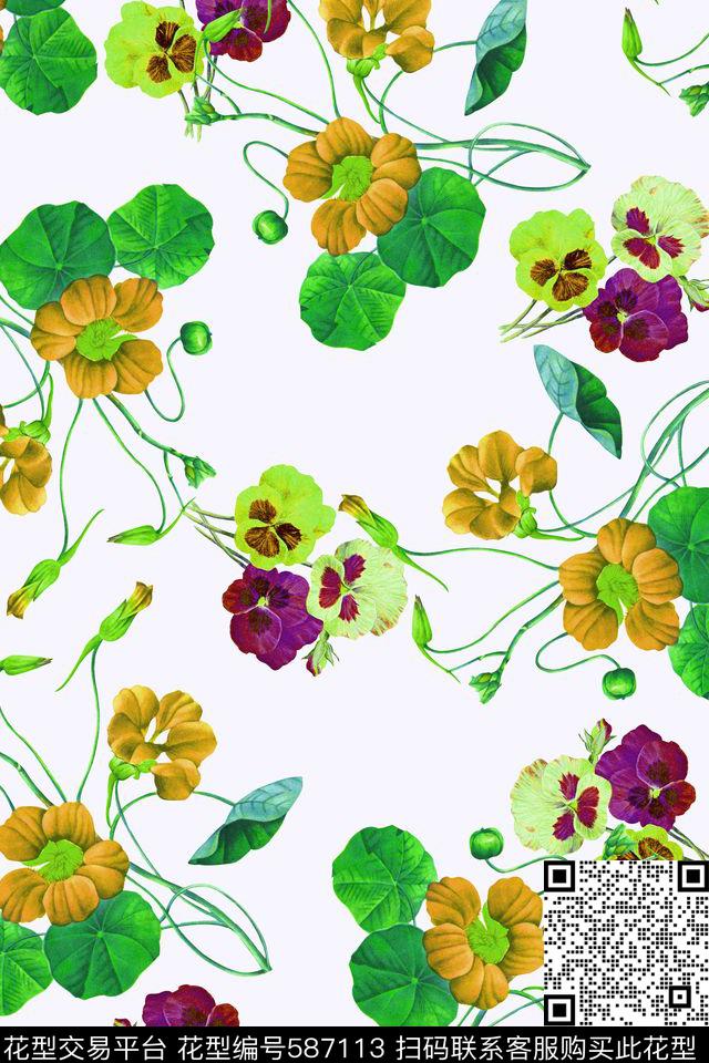 复古花卉水彩数码印花华亿平台下载（图片编号: 587113） - 瓦栏（Walan）