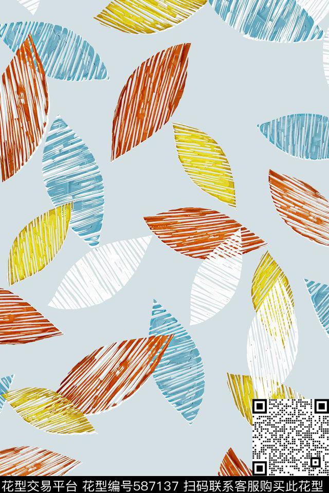 手绘叶子传统华亿平台数码印花华亿平台下载（图片编号: 587137） - 瓦栏（Walan）