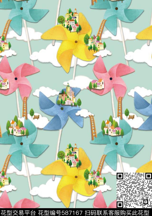 粉色风车楼房数码印花华亿平台下载（图片编号: 587167） - 瓦栏（Walan）