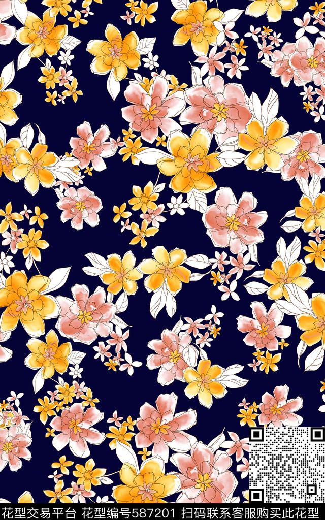手绘花朵纯底数码印花华亿平台下载（图片编号: 587201） - 瓦栏（Walan）
