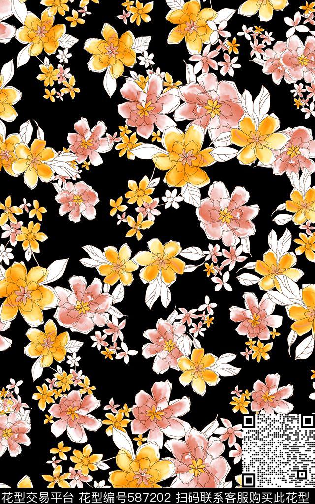 手绘花朵纯底数码印花华亿平台下载（图片编号: 587202） - 瓦栏（Walan）