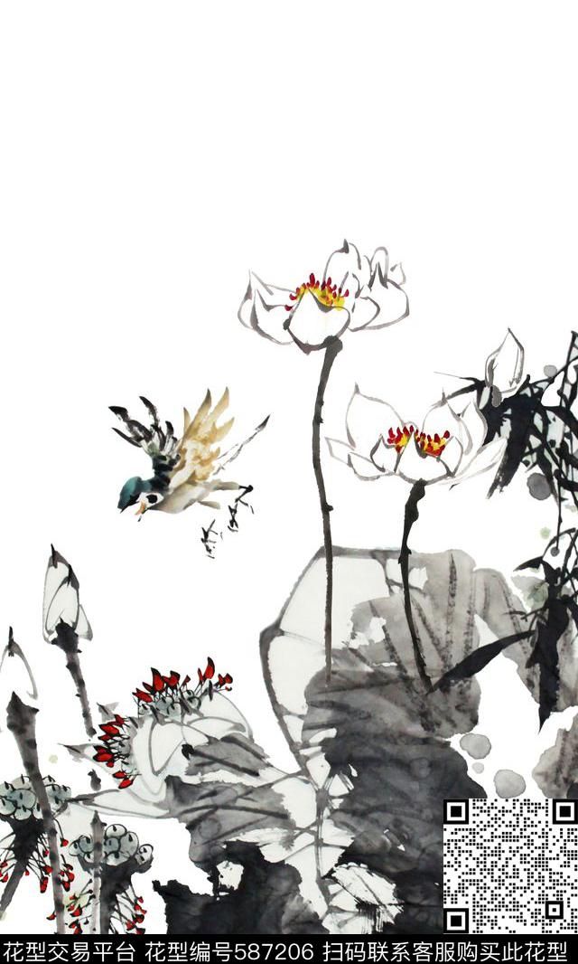 中国风水墨荷花长定位数码印花华亿平台下载（图片编号: 587206） - 瓦栏（Walan）